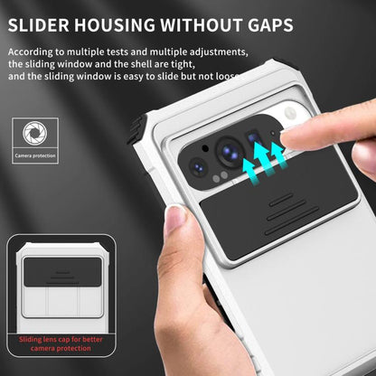 White phone case with sliding lens window and camera opening on case face