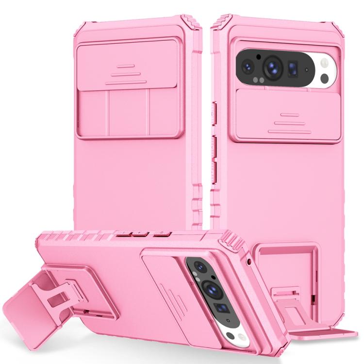 Pink phone case with sliding camera lens cover and built-in kickstand holder