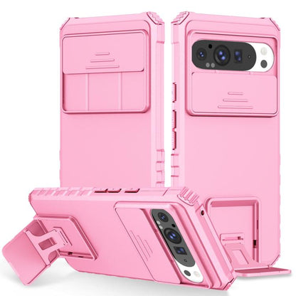 Pink phone case with sliding camera lens cover and built-in kickstand holder