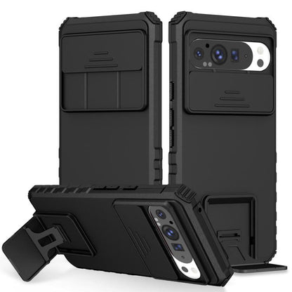 Black phone case with sliding camera lens cover and built-in kickstand holder