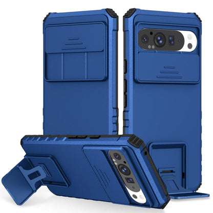 Blue sliding camshield phone case with camera cutout and fold-out stand