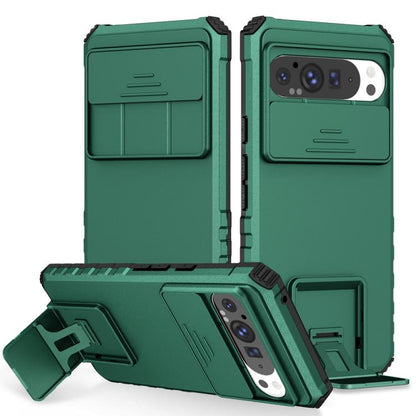 Green sliding camshield phone case with camera cutout and fold-out stand