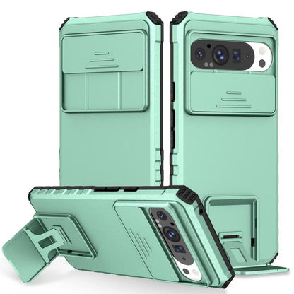 Light green sliding camshield phone case with camera cutout and fold-out stand