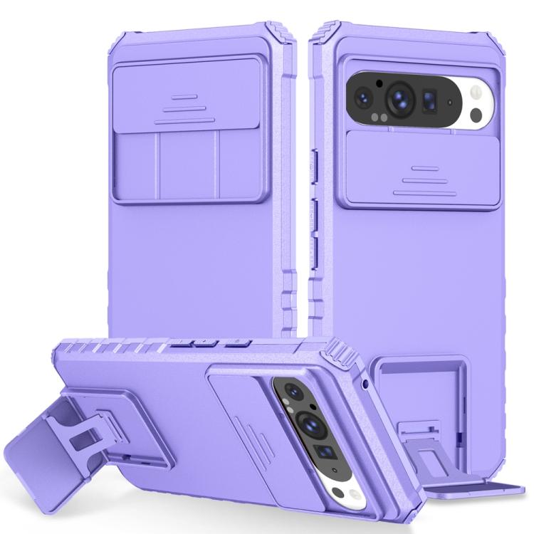 Purple sliding camshield phone case with camera cutout and fold-out stand
