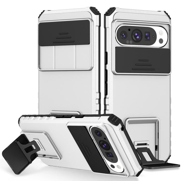 White sliding camshield phone case with camera cutout and fold-out stand