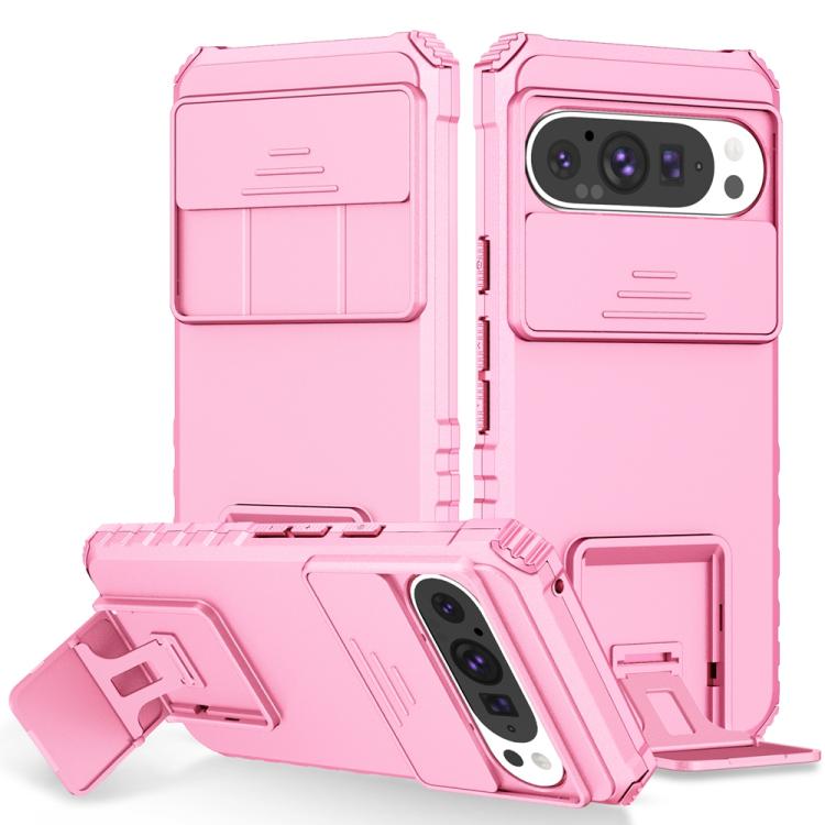 Pink sliding camshield phone case with camera cutout and fold-out stand