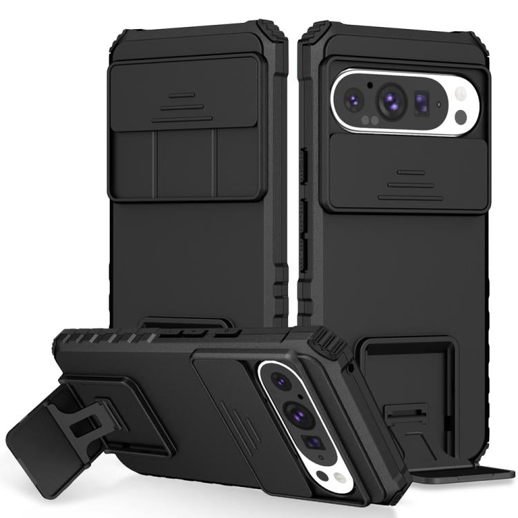 Black sliding camshield phone case with camera cutout and fold-out stand