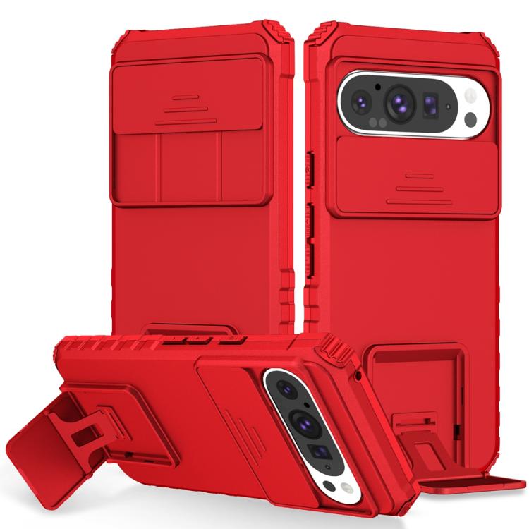 Red sliding camshield phone case with camera cutout and fold-out stand
