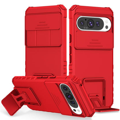 Red sliding camshield phone case with camera cutout and fold-out stand