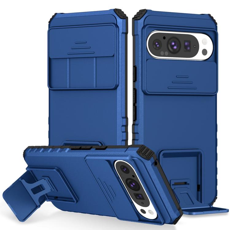 Blue camshield phone case with sliding cover, camera cutout, and fold-out stand