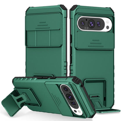 Green camshield phone case with sliding cover, camera cutout, and fold-out stand