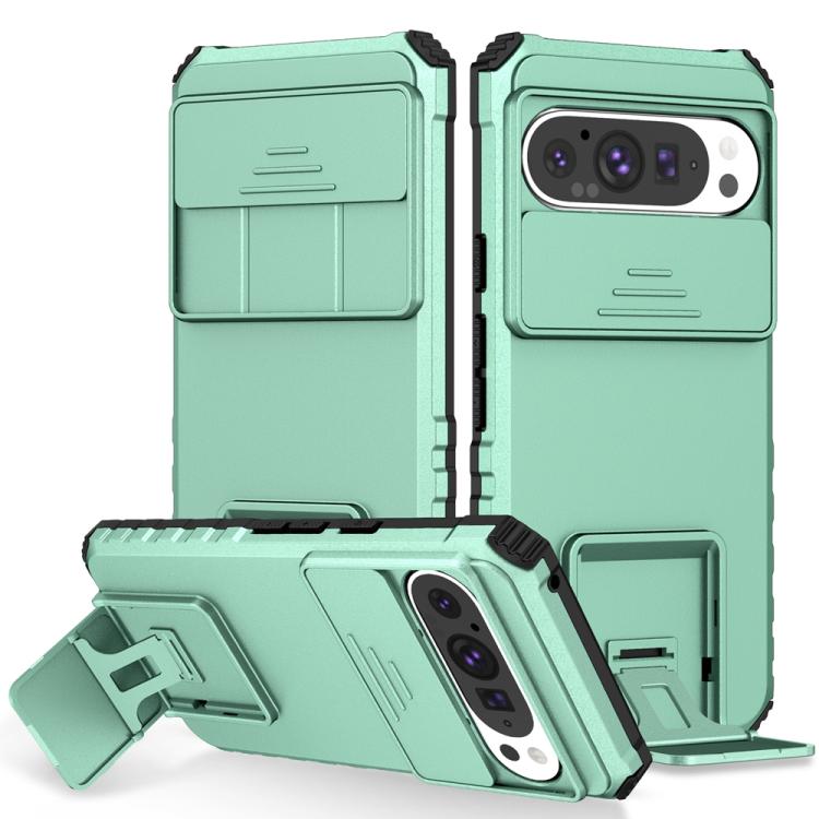 Green sliding phone case with stereoscopic holder, kickstand and camera cutout