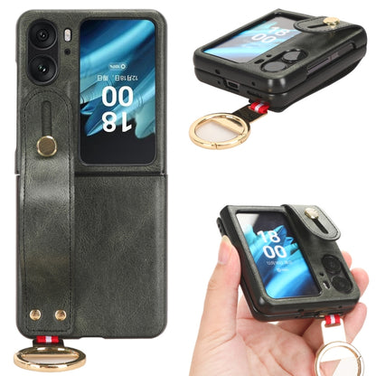 Dark green leather back phone case with camera cutout, wrist strap and gold keyring.