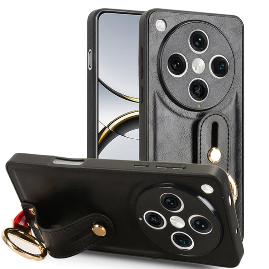 Black leather back phone case with wrist strap and metal ring for camera protection