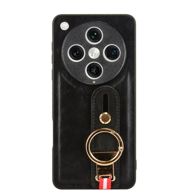 Black leather back phone case with metal camera lens guard and ring wrist strap