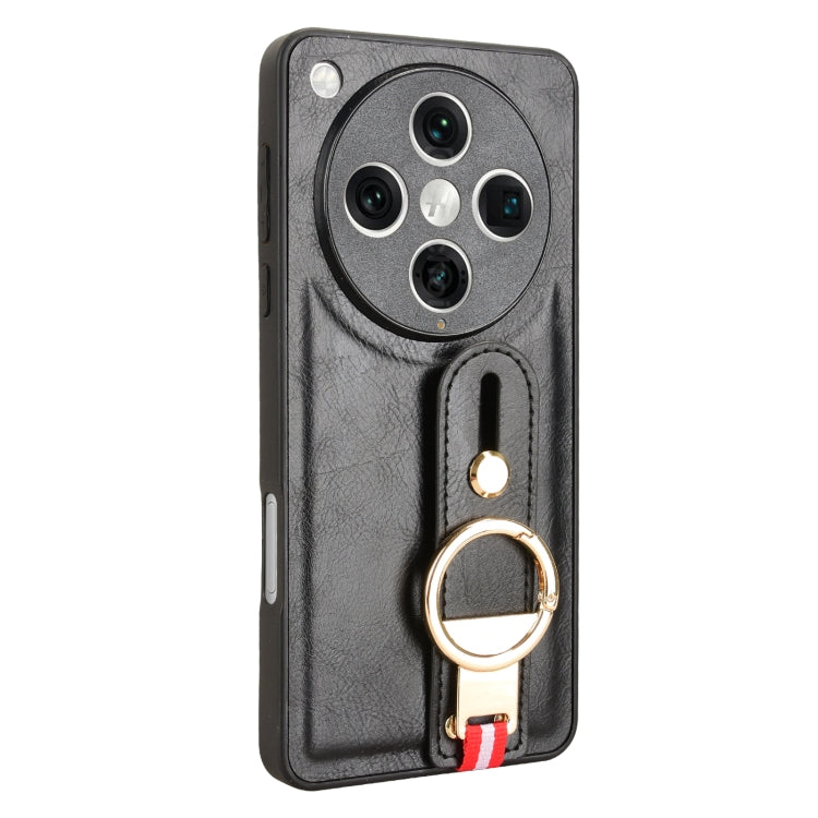 Black leather back phone case with wrist strap and gold-tone metal ring detail