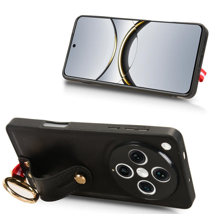 Black leather back phone case with wrist strap and metal ring, front and back view