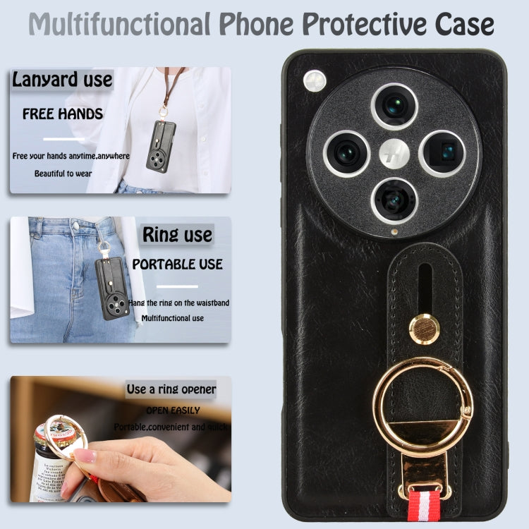 Black leather phone case with wrist strap, metal ring, and camera lens cutouts