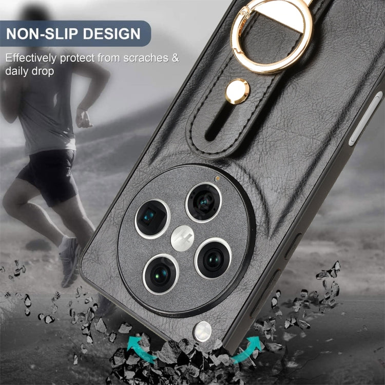 Black leather phone case with ring wrist strap and raised camera protection