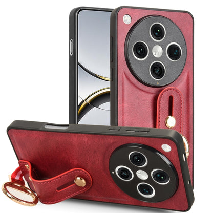 Red leather back phone case with wrist strap and gold-tone metal ring detail