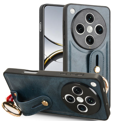 Blue leather back phone case with wrist strap and metal ring detail