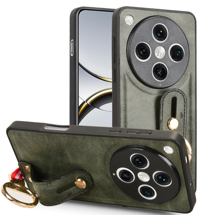 Green leather back phone case with wrist strap and metal ring detail