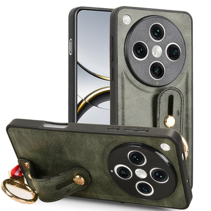 Green leather back phone case with wrist strap and metal ring detail