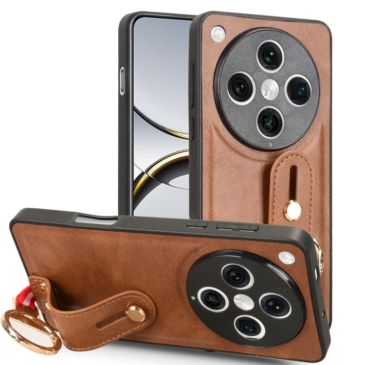Brown leather back phone case with camera cutout, wrist strap and gold ring holder.