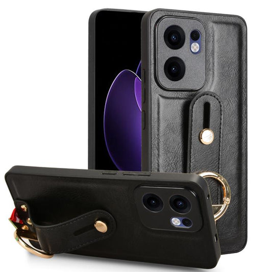 Black leather back phone case with wrist strap and gold ring holder for grip