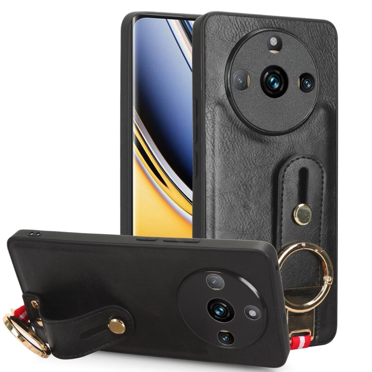 Black leather back phone case with wrist strap and gold ring, camera cutouts