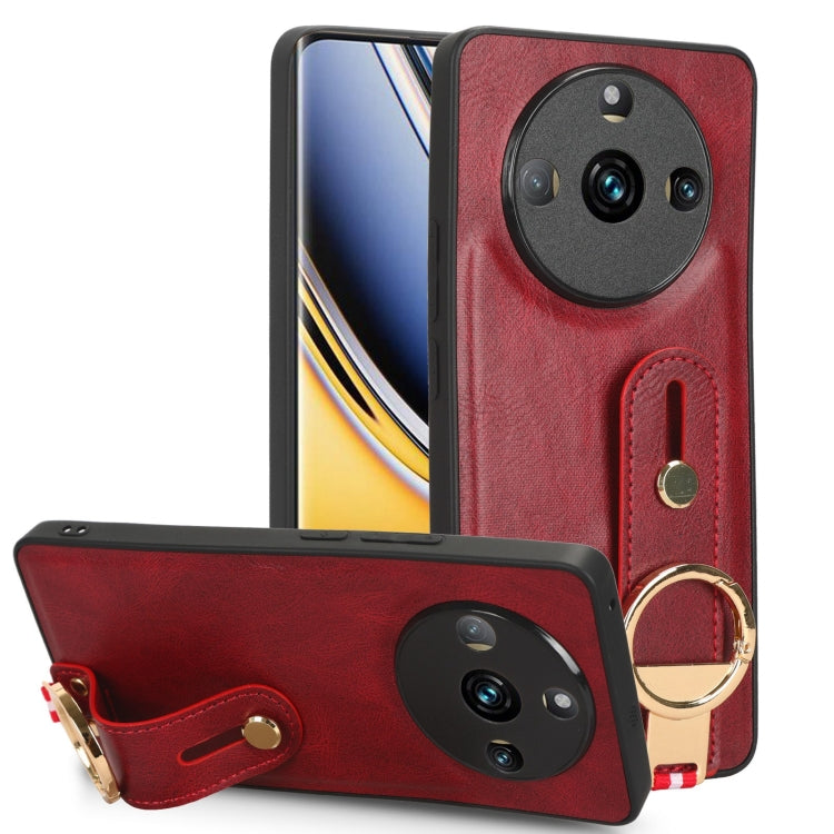 Red leather back phone case with wrist strap and gold ring, camera cutouts
