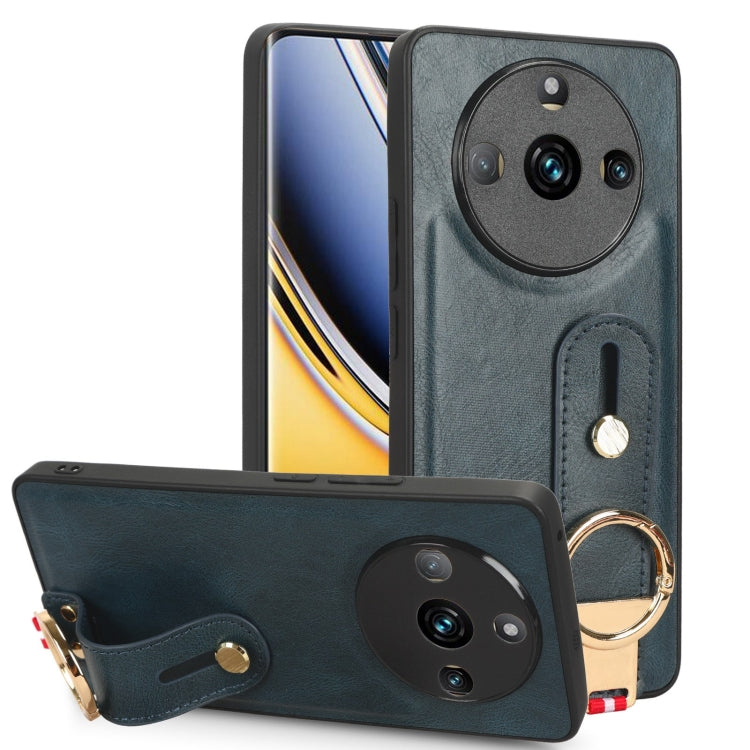 Teal leather back phone case with wrist strap and gold ring, camera cutouts