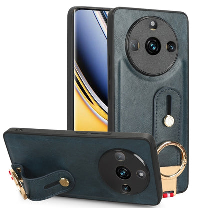 Teal leather back phone case with wrist strap and gold ring, camera cutouts