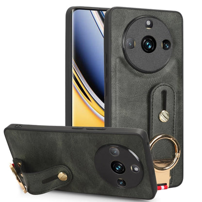 Dark gray leather back phone case with wrist strap and gold ring, camera cutouts