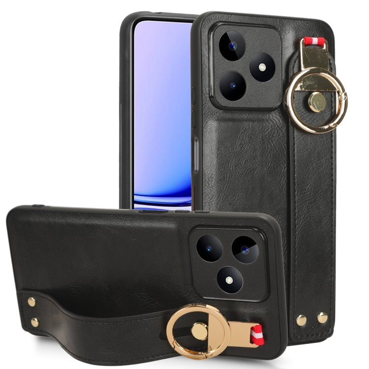 Black leather back phone case with wrist strap and circular kickstand ring