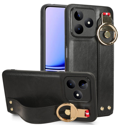 Black leather back phone case with wrist strap and circular kickstand ring