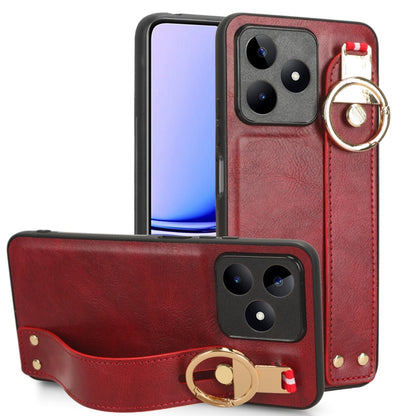 Red leather back phone case with wrist strap and circular kickstand ring
