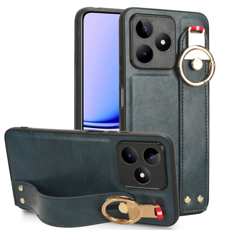 Teal leather back phone case with wrist strap and circular kickstand ring