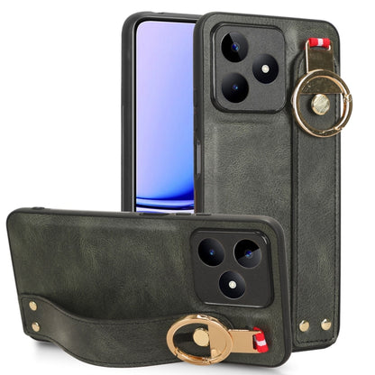 Dark green leather back phone case with wrist strap and circular kickstand ring