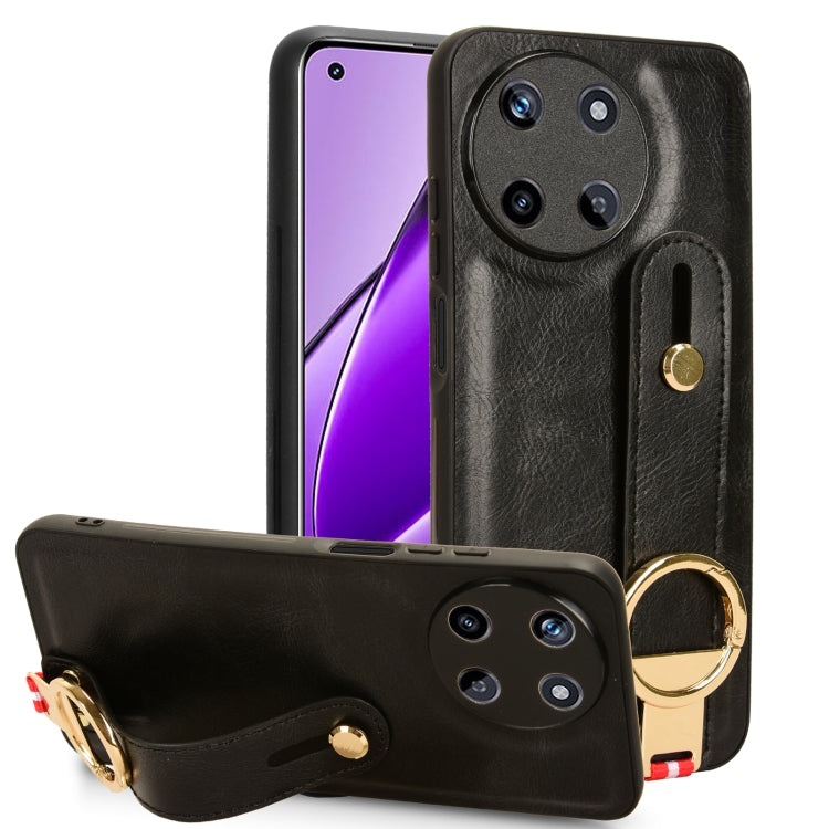 Black leather wristband phone case with circular ring strap and camera cutout.