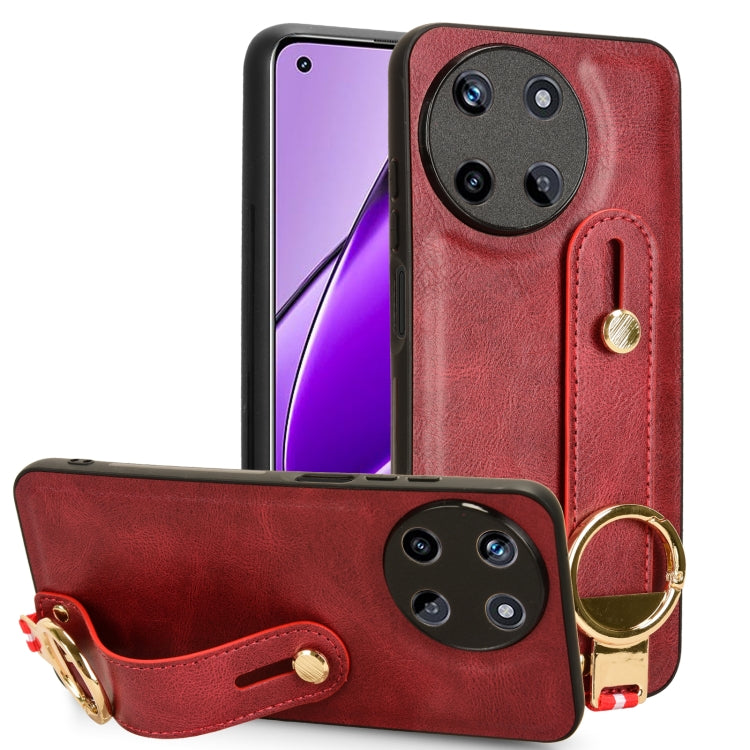 Red leather wristband phone case with circular ring strap and camera cutout.