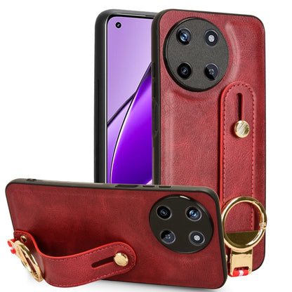 Red leather wristband phone case with circular ring strap and camera cutout.