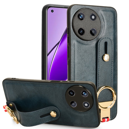 Blue leather wristband phone case with circular ring strap and camera cutout.