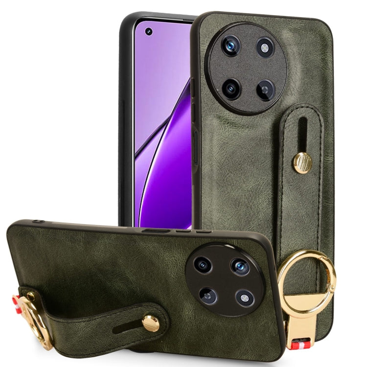 Green leather wristband phone case with circular ring strap and camera cutout.