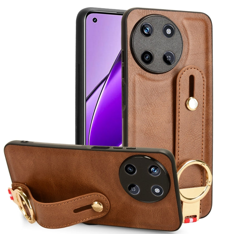 Brown leather back phone case with wrist strap and circular kickstand ring