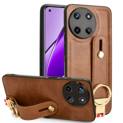 Brown leather back phone case with wrist strap and circular kickstand ring