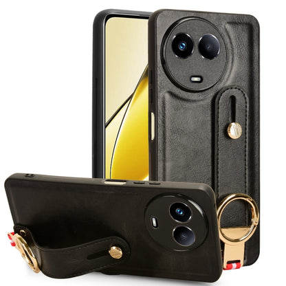 Black leather back phone case with wrist strap and circular kickstand ring