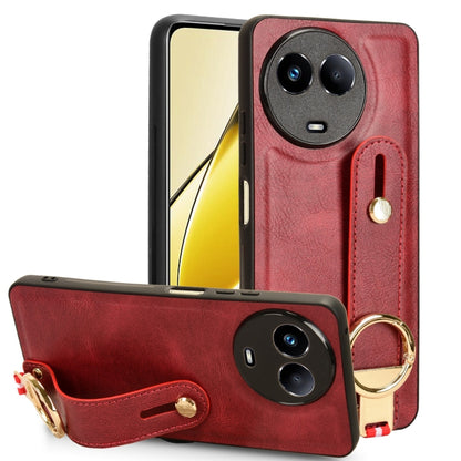 Red leather back phone case with wrist strap and circular kickstand ring