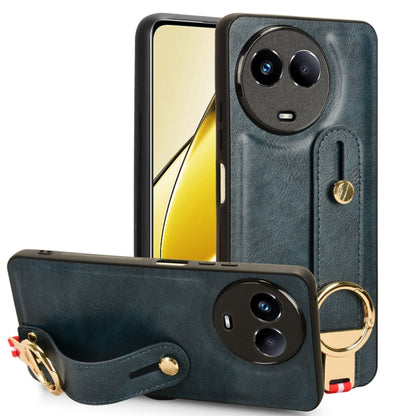 Blue leather back phone case with wrist strap and circular kickstand ring