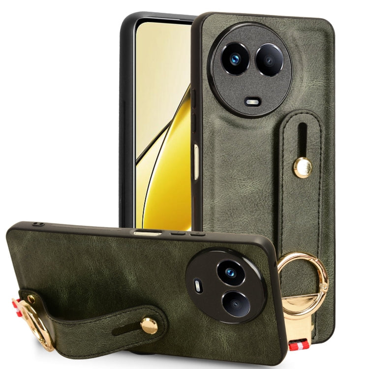 Green leather back phone case with wrist strap and circular kickstand ring